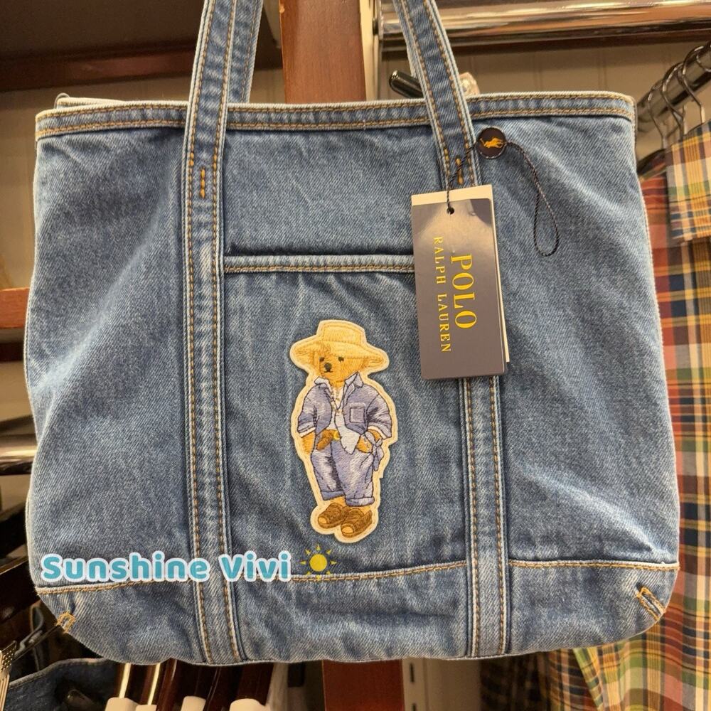 NWT POLO Ralph Lauren Small Polo Bear Canvas Tote Bag Denim - Picture 2 of 5